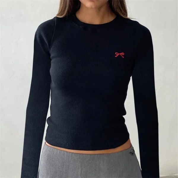 Women Y2K Crop Tops Long Sleeve Ribbed Knit Shirts Cute Bow Embroidery Tee Shirts Teen Girls Slim Fitted Baby Tees - Image 4