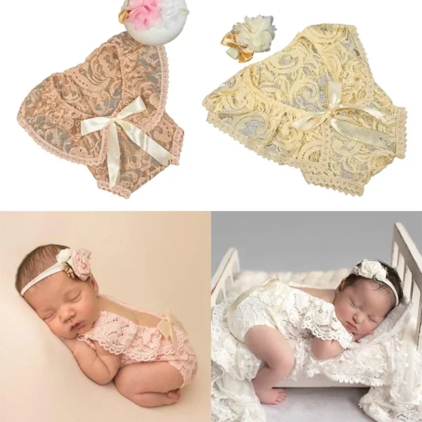 2 Pcs/Set 0-1Month Newborn Photography Props Baby Headband Lace Romper Bodysuits Outfit Baby Girl Costume Photo