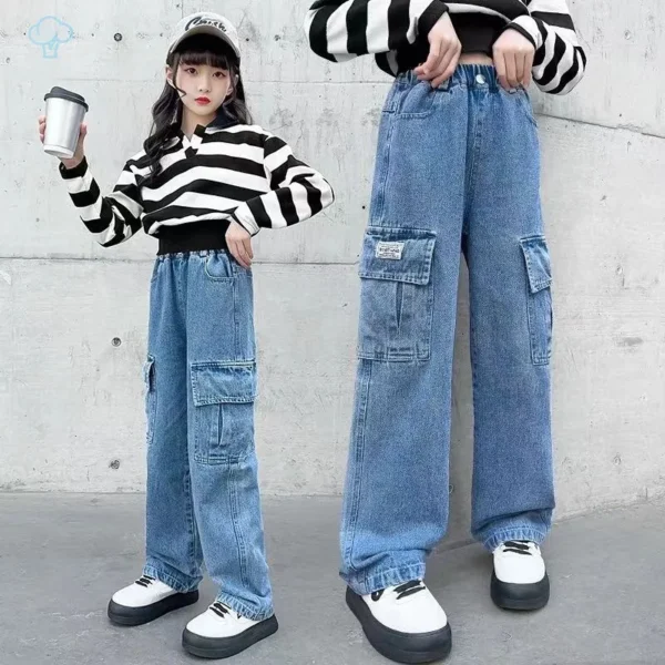 Fashion 2025 Cargo Jeans for Girls Spring Blue Pocket Hot Deals Teens Kids Cargo Pants Casual Straight School Children Trousers