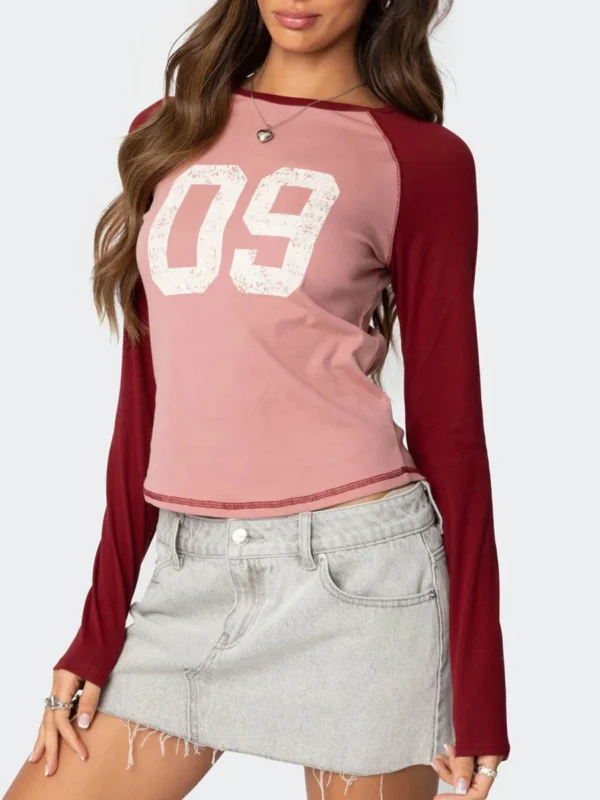 Womens Graphic Fall T-Shirt Slim Number Print Raglan Long Sleeve Round Neck Crop Shirt Casual Teen Girls Tee Pullover Streetwear - Image 4