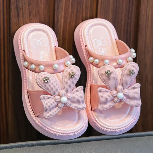 Girls Slippers Fashion Cartoon Princess Shoes Summer Soft Sole Non-slip Indoor Slippers Cute Bow Pearl Bathroom Slides Flip Flop - Image 2