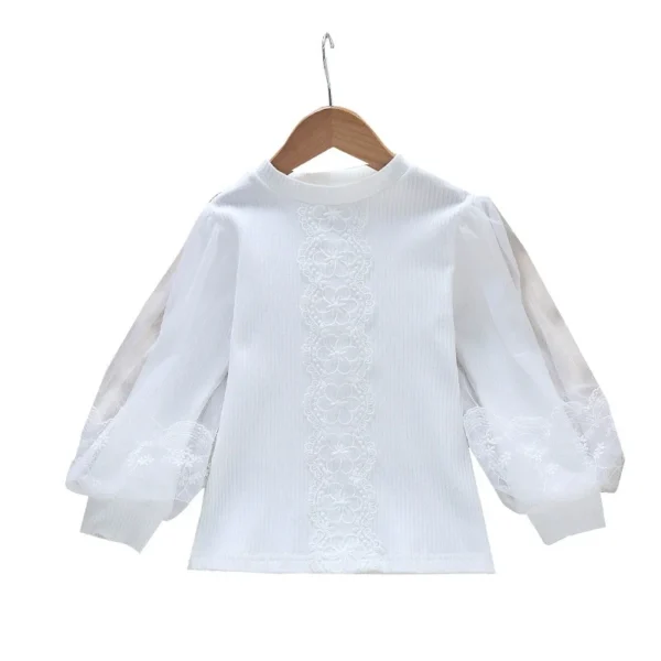 Girls Long Sleeve Cotton T-Shirt Spring Autumn White Blouse Bubble Sleeve Top Princess Elegant Lace Trim Thin Layering Shirt - Image 3