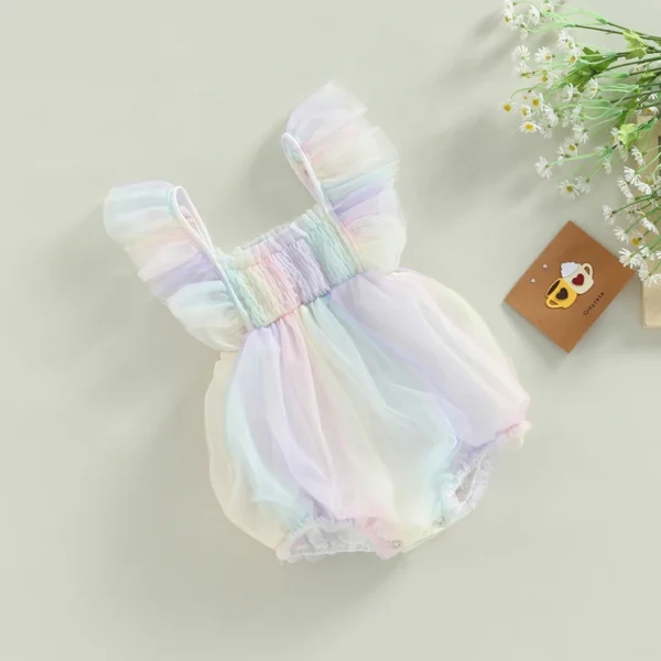 Newborn Baby Girls Mesh Romper Ruffle Square Collar Rainbow Colorful Mesh Bodysuit Princess Party Rompers Jumpsuits Outfit - Image 3