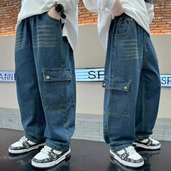 Big Boy Baggy Jeans Retro Blue Wide Jeans for With Pocket Cowboy Cool Denim Pants With Teen Kids Ripped Jeans 5-14Years
