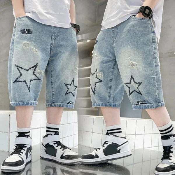 Summer Boys Jeans Shorts Five-pointed Star Print High Waist Ripped Denim Shorts For 5-12 Years Teen Kids Casual Knee Length Pant