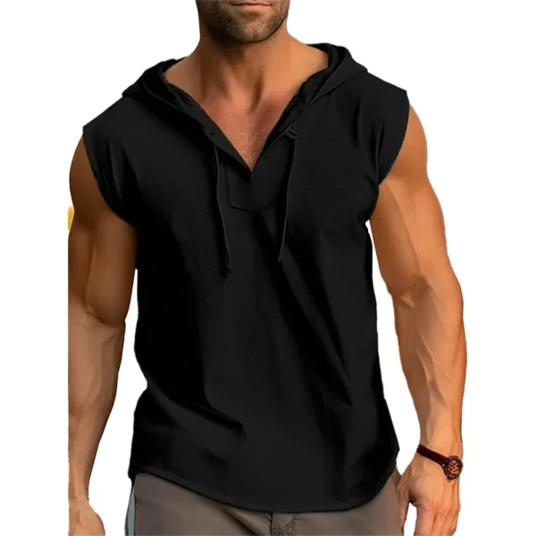 Male T-shirt Men V-neck Vest Wear-resistant Breathable Casual Drawstring Fitness Hooded Loose Daily Sports Fashion - Image 3