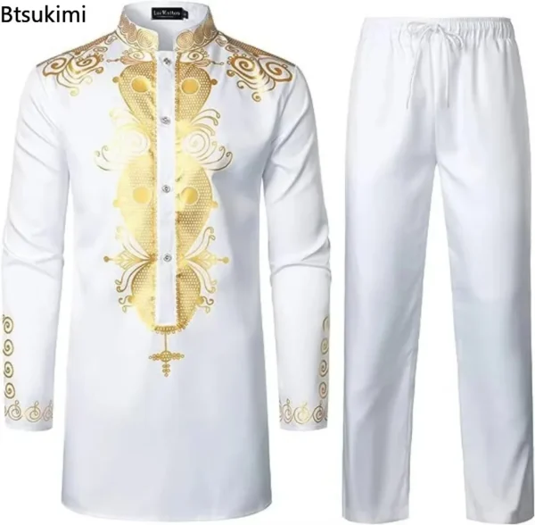 2025 African Men's Casual Printed Two Pieces Fashion Stand Collar Gold Stamping Top and Pants Sets Men Ethnic Style Muslim Suits - Image 2