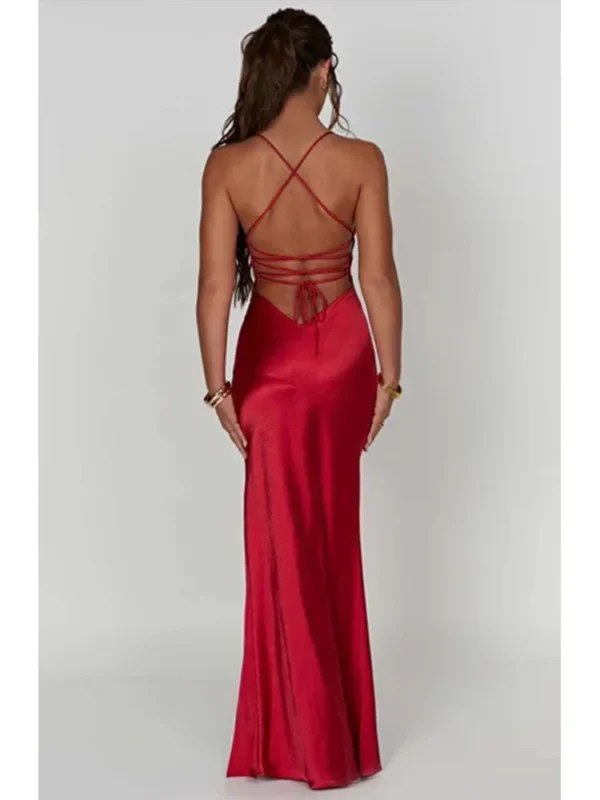 Bandage Backless Elegant Dress Split Hem Spaghetti Strap Slim Cocktail Party Club Fashion Satin Solid Lace-Up Long Dresses - Image 3