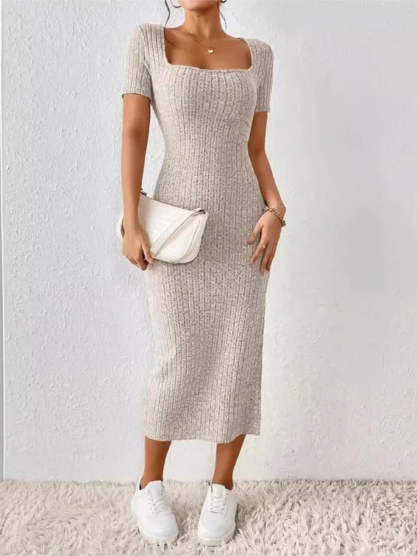 Fashion Solid Color Knitted Slim Long Dresses Women Sexy Square Collar Package Hip Bodycon Slit Dress Elegant Lady Knitt Vestido - Image 3