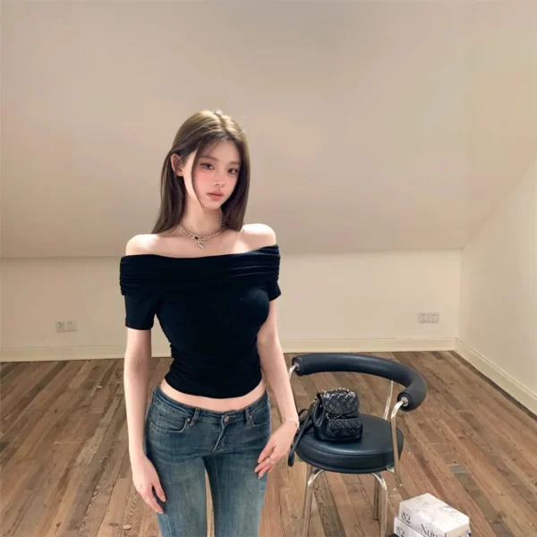 2025 Summer Sexy Off Shoulder T-shirt Women Pleated Skinny Sexy Korean Fashion Crop Tops Woman Japanese Tee Shirt Femme Clothes - Image 3