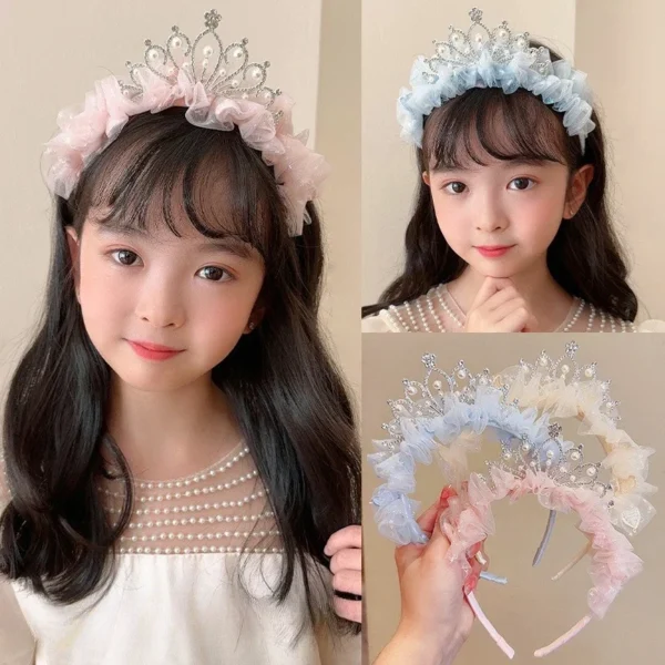 New Cute Pearl Rhinestone Crown Headband Kawaii Girls Hairbands Princess Kids Hair Accessories
