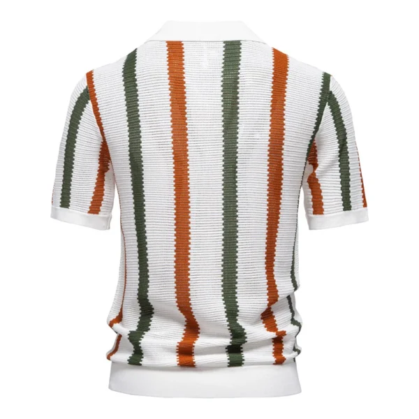 Men's Linen Knit Shirt Short Sleeve Mesh Striped Design Breathable Quick-Dry Lightweight Business Trendy Casual Wear - Image 2