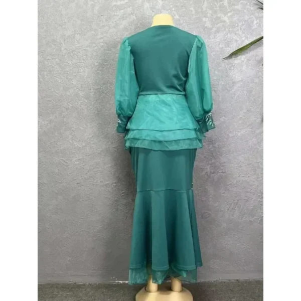 African Women Ruffle Hem Two Pieces Set Formal Elegant Peplum Tops Tulle Puff Sleeve Mermaid Skirt Evening Party Cerebrity Suits - Image 5