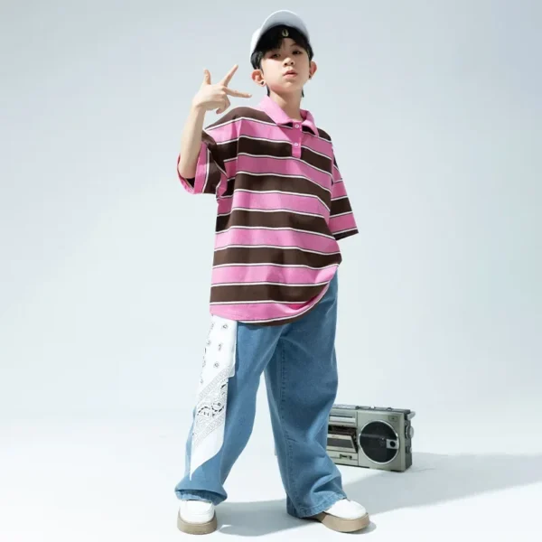 Kid Hip Hop Clothing Pink Striped Polo Neck T Shirt Denim Blue Casual Jeans Baggy Pants for Girl Boy Jazz Dance Costume Clothes - Image 4
