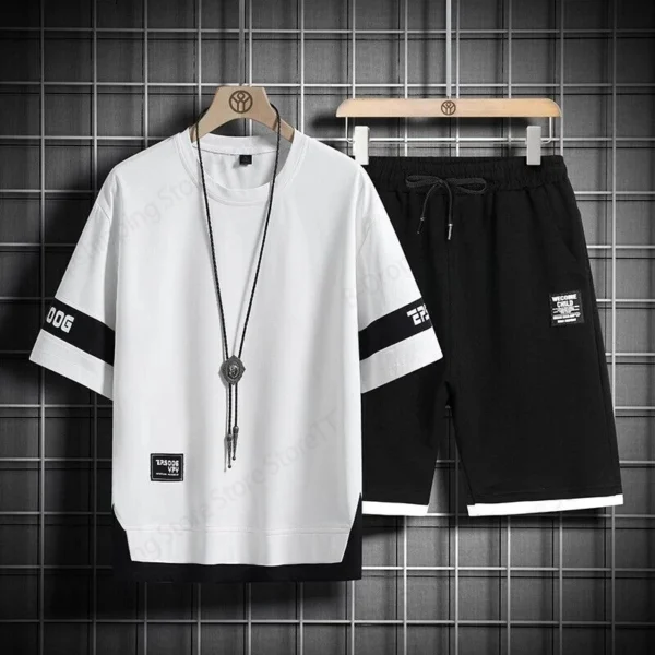 Men's Casual Short Sleeve T-shirt + Short 2 Piece Set Black White Letter 3D Print Suit - Image 4