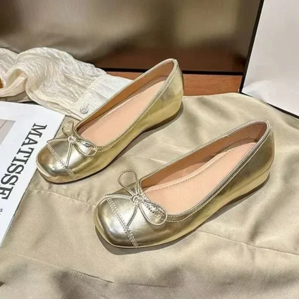 2025 New Gold Silver Elegant Bowknot Round Toe Women's Flat Comfort Slip-On Ladies Ballerina Single Mules Shoes Zapatos Mujer