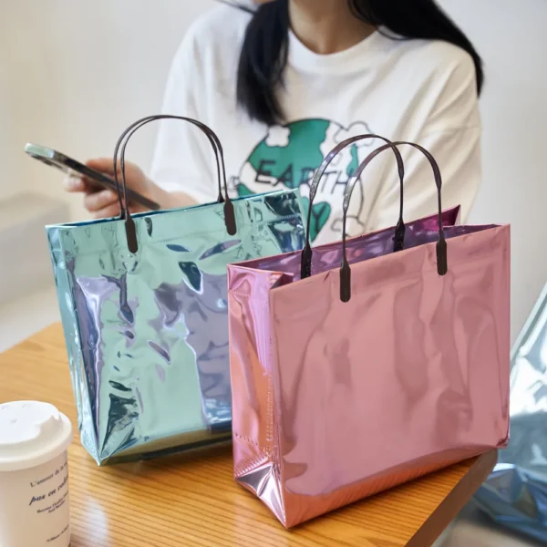 Laser PVC Shopping Bag With Snap Button Reusable Women Waterproof Eco Tote Bag Clothing Wedding Party Favor Gift Packaging Bags