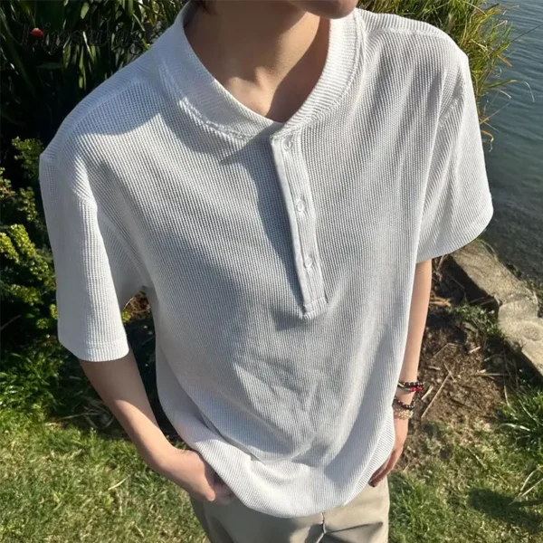 Spring Summer Casual Mens Henley Shirts Vintage O Neck Buttoned Short Sleeve Tees Men Trendy Waffle Plaid Textured Slim T Shirt