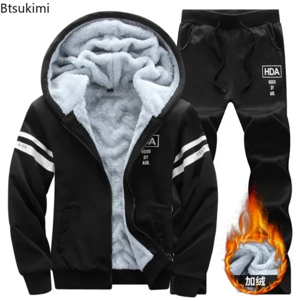 2025 Men's Thicken Warm Tracksuit Set Cardigan Fleece Hood Jacket+Pants Sweatshirts Male 2 Piece Sets Hoodies Suit Coat Big Size - Image 3
