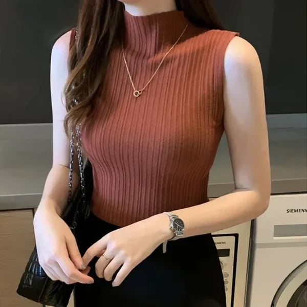 Fashion Women Knitted Vest Solid Color Sleeveless Half High Collar Slim Base Camisole Casual Tank Top Knitwear Summer Streetwear - Image 5