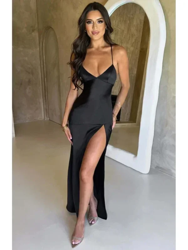 Bandage Backless Elegant Dress Split Hem Spaghetti Strap Slim Cocktail Party Club Fashion Satin Solid Lace-Up Long Dresses - Image 5