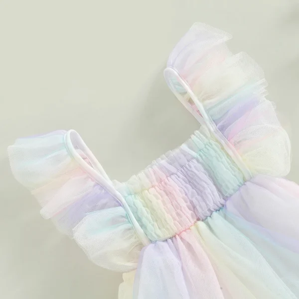 Newborn Baby Girls Mesh Romper Ruffle Square Collar Rainbow Colorful Mesh Bodysuit Princess Party Rompers Jumpsuits Outfit - Image 4