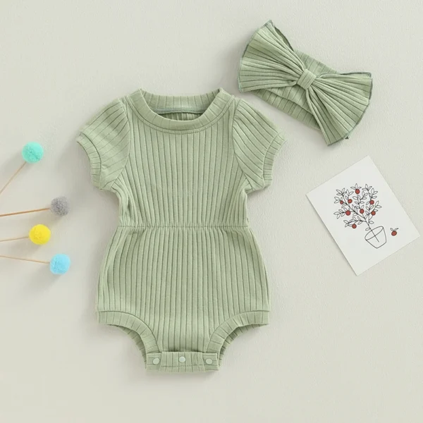 Sweety Baby Girl 2 Piece Outfits Solid Color Short Sleeve Romper with Bow Headband Set Summer Baby Bodysuits Clothes - Image 5
