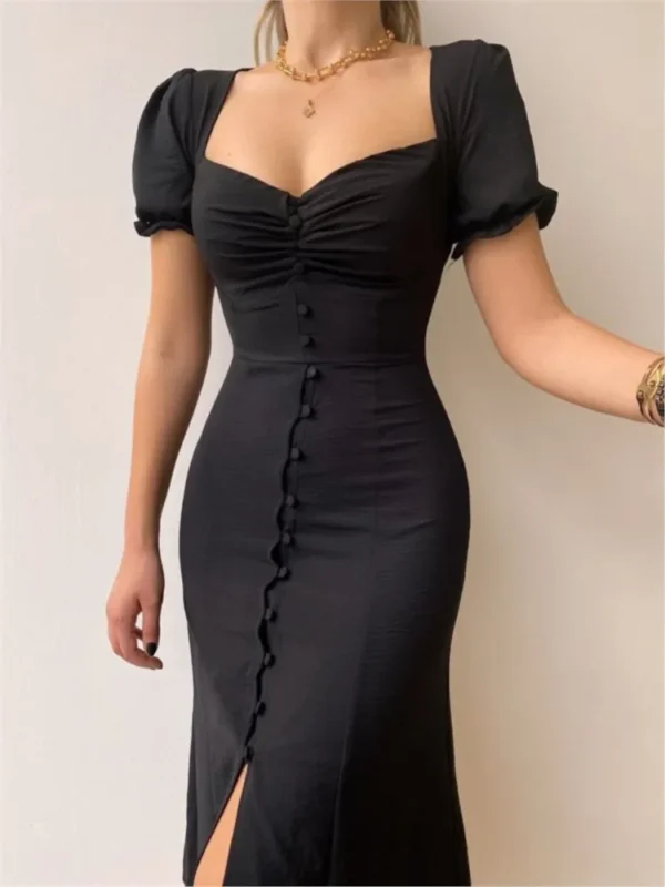 Fashion Solid Bodycon Dresses For Women Puff Short Sleeves Sexy Low Cut Slim Midi Dress Y2k Elegant Ladies Vestidos 2024 Summer - Image 2