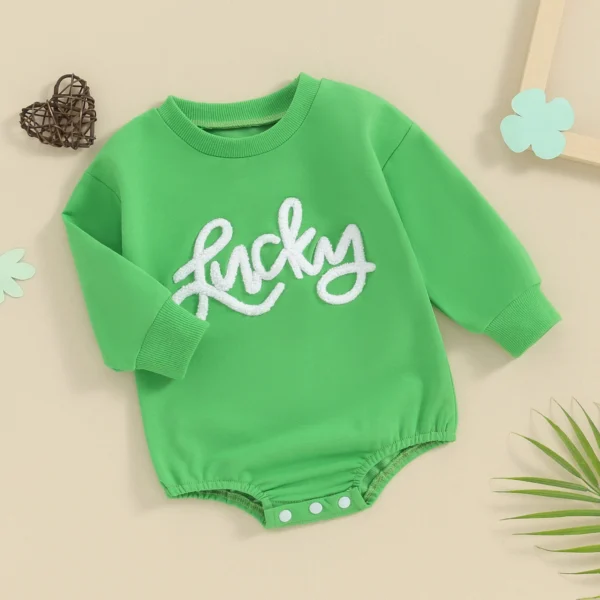Baby Girls Boys Irish Day Romper Long Sleeve Crew Neck Letter Embroidery Casual Sweatshirt Romper St. Patrick 's Day Outfit - Image 2