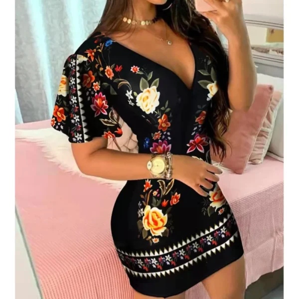 Summer Elegant Floral Print Bodycon Mini Dress Women 2025 Fashion Sexy Deep V-neck Package Hip Dresess Office Lady Party Dress