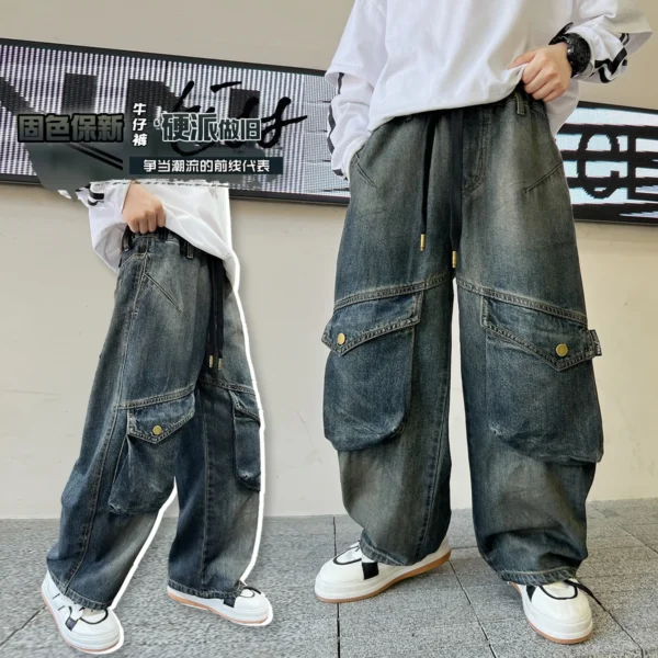New Casual Straight Leg Cargo Jeans with Pocket for Teen Boy, Fashion Street Denim Pants, Elegant Trousers for Children & Teenag - Image 2