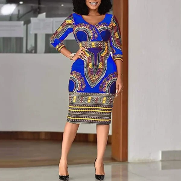 2022 New Fashion Print Dress Waist Women's Ethnic Style Package Hip Skirt V-neck Tight A-line Skirt African Women's Clothing - Image 4