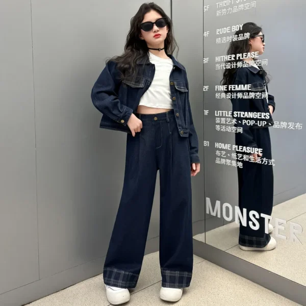New Girls Children Jacket + Wide Leg Pants 2pcs Kids Suits Teenage Girl Denim Outfits - Image 2