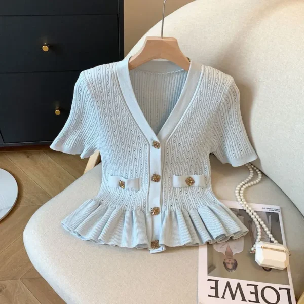 French Elegant Peplum Knit Blouse Women Summer V Neck Lace Hem Short Sleeve White Button Shirt Chic Slim Fit Office Lady Tops - Image 2