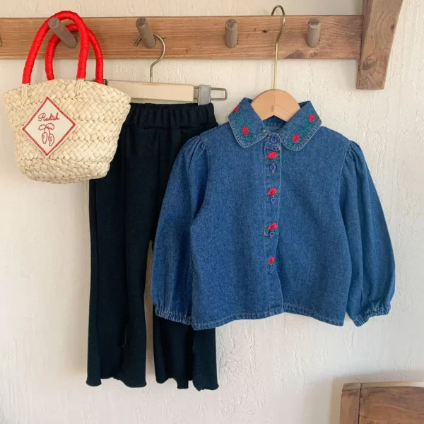Korean Style Spring Autumn Baby Girls Denim Coats Blue Single Breasted Red Flower Print Toddler Cardigans Kids Outwear - Image 4