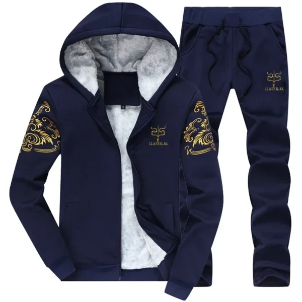 Winter Sportswear Suit Men's Classic Fashion Thick Fleece-lined Hoodie + Pants Suit Male Jogger Velvet Warm Jacket 2 Piece Set - Image 2