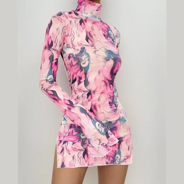 BWQ Ladies Mesh Printed Vintage Dress High Street Slim Elastic Bodycon Party Dress Round Neck Bell Sleeve Side Open Hip Dresses - Image 2