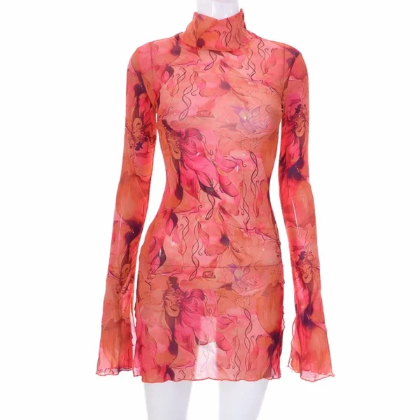 BWQ Ladies Mesh Printed Vintage Dress High Street Slim Elastic Bodycon Party Dress Round Neck Bell Sleeve Side Open Hip Dresses - Image 5
