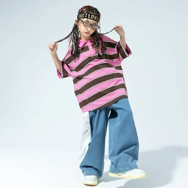 Kid Hip Hop Clothing Pink Striped Polo Neck T Shirt Denim Blue Casual Jeans Baggy Pants for Girl Boy Jazz Dance Costume Clothes - Image 3