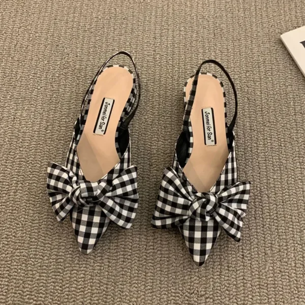 Summer Women's Pumps Fashion Shallow Bowknot Slingbacks Pumps Black and White Plaid Polka Dots Heels Slip-on Low Heels Sandals - Image 3
