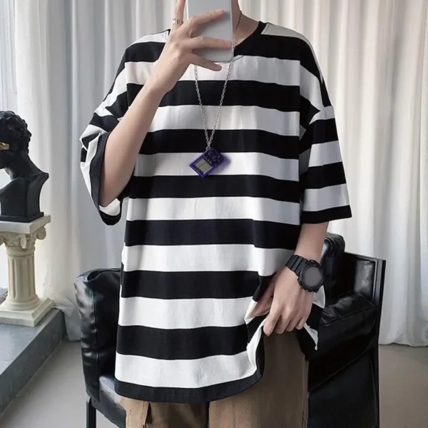 Men Wide Stripe Print T-shirt Japanese Style Striped Summer T-shirt for Men Streetwear Top with Half Sleeves Round for Teenagers - Image 2
