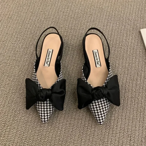 Summer Women's Pumps Fashion Shallow Bowknot Slingbacks Pumps Black and White Plaid Polka Dots Heels Slip-on Low Heels Sandals - Image 2