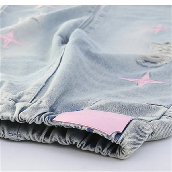 Fashion Stylish Children Straight Fit Ripped Jeans with Star Embroidery for Teens Girls Casual Slim Broken Hole Denim Pants 5-14 - Image 4
