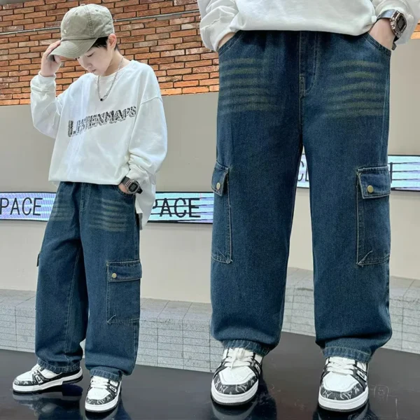 Big Boy Baggy Jeans Retro Blue Wide Jeans for With Pocket Cowboy Cool Denim Pants With Teen Kids Ripped Jeans 5-14Years - Image 3