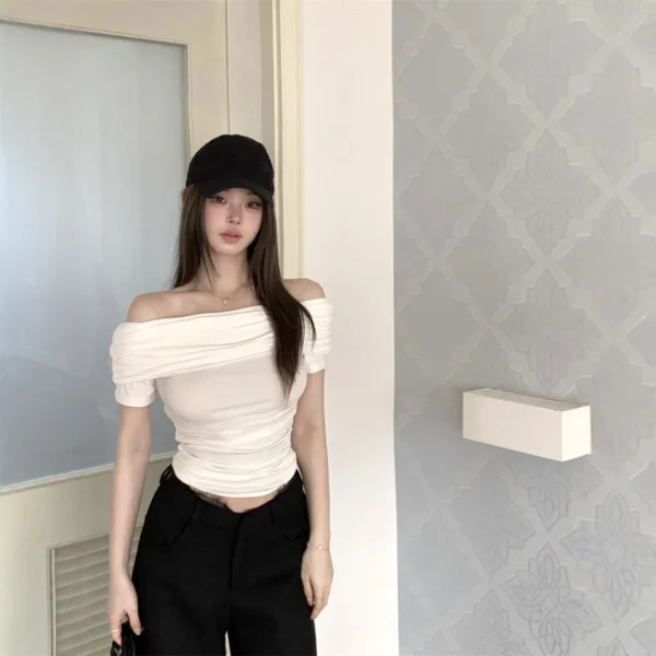 2025 Summer Sexy Off Shoulder T-shirt Women Pleated Skinny Sexy Korean Fashion Crop Tops Woman Japanese Tee Shirt Femme Clothes - Image 2