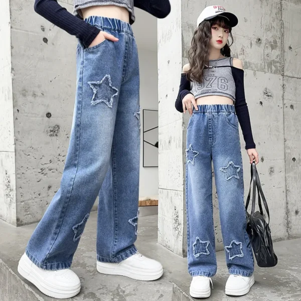 High Waist Jeans Girl Straight Loose Wide-leg Pants Spring and Autumn Korean Vintage Jeans Fashion Kids Denim Trousers For Teens - Image 2