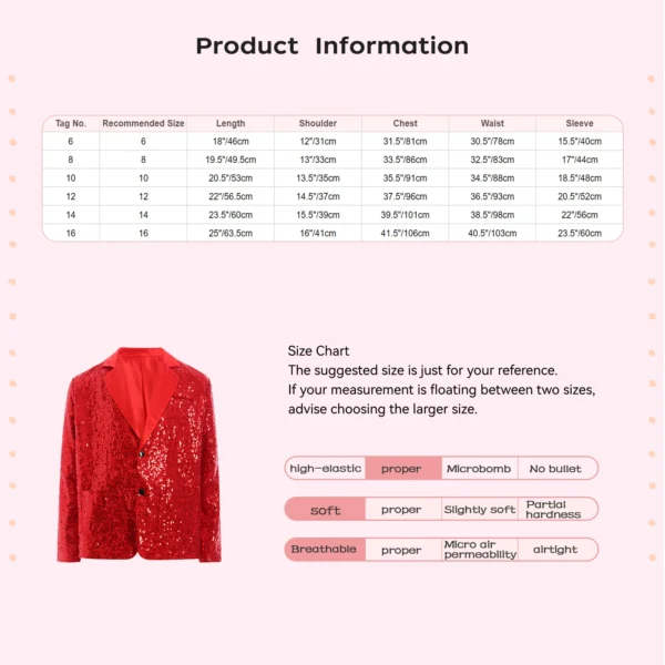 Kids Girls Boys Glitter Sequins Blazer Jacket Notched Lapel Long Sleeve Suit Coat Wedding Party Ball Jazz Disco Dance Clothes - Image 3
