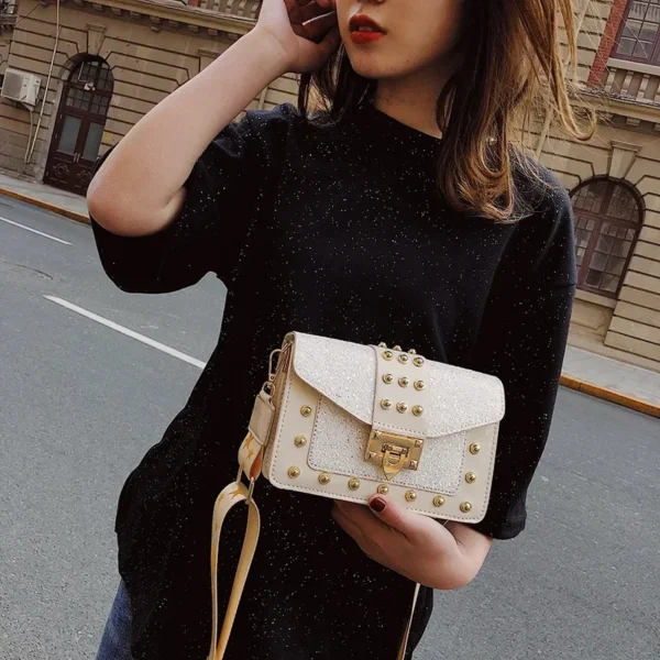 Fashion Crossbody Bags for Women Rivet Patent Leather Wide Shoulder Bag Woman Trend Sequin Multi-layer Small Square Female Bag - Image 4