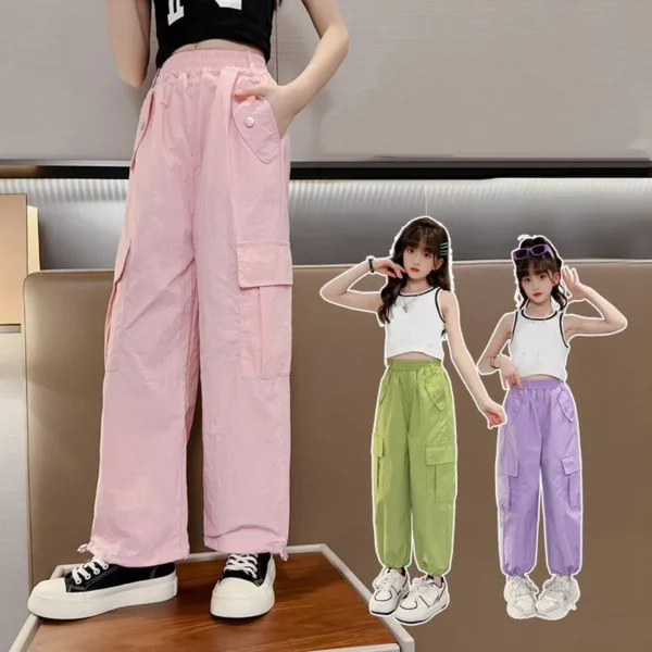 Teenage Girls Fashion Straight Cargo Pants with Four Pockets Summer Hot Deals Kids Clothes High Waist Long Trousers 5-14 Years