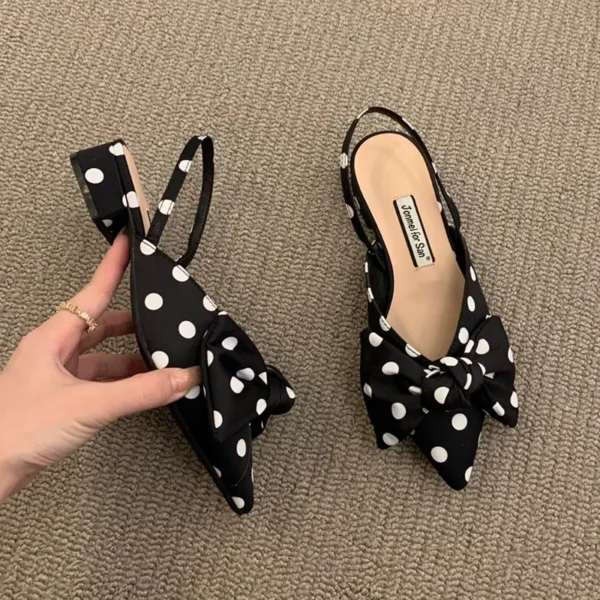 Summer Women's Pumps Fashion Shallow Bowknot Slingbacks Pumps Black and White Plaid Polka Dots Heels Slip-on Low Heels Sandals - Image 5